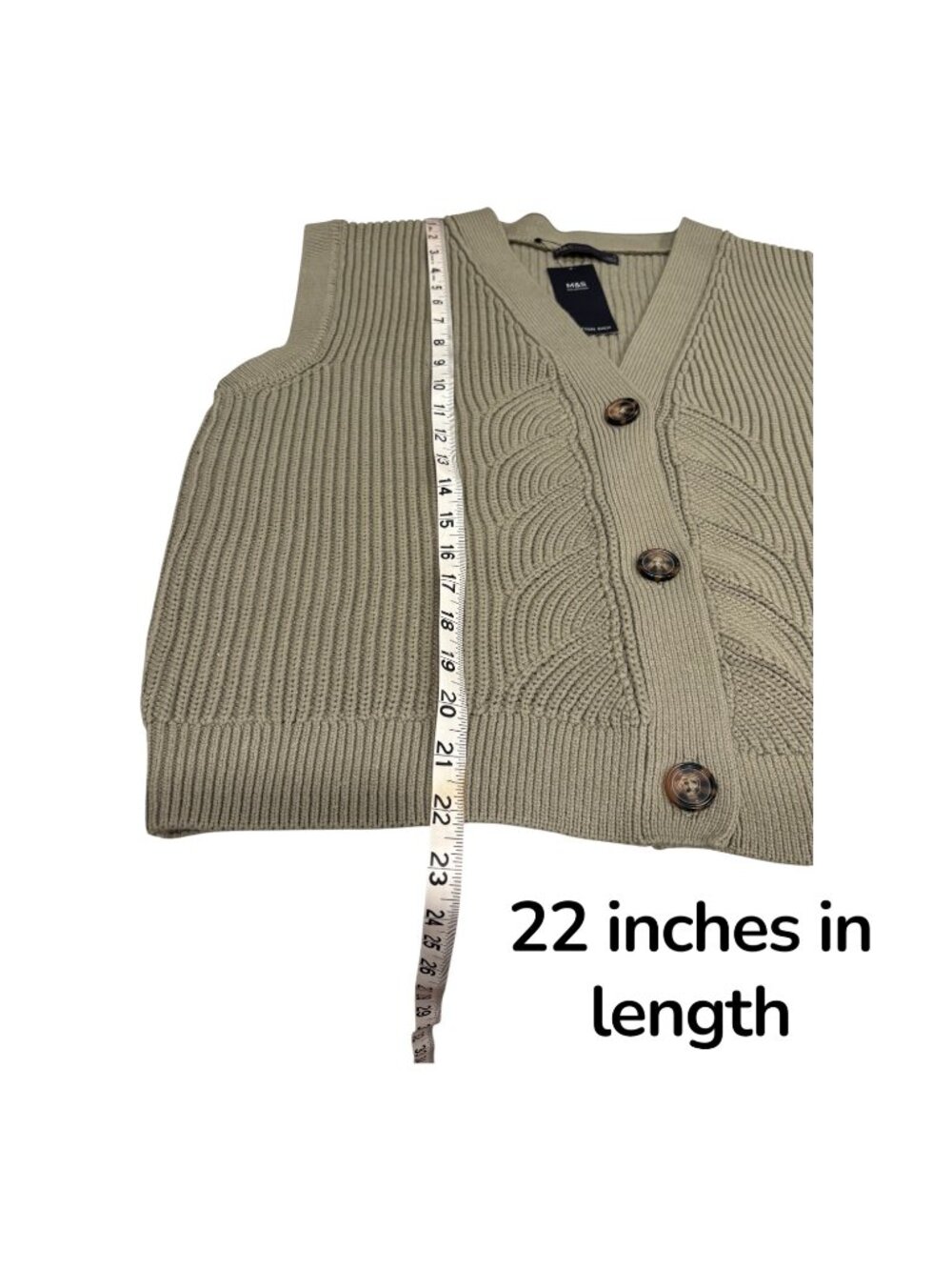 M&S Collection Cotton Rich Sweater Vest Medium Sage Green Button Front Knit Prep - Picture 11 of 11